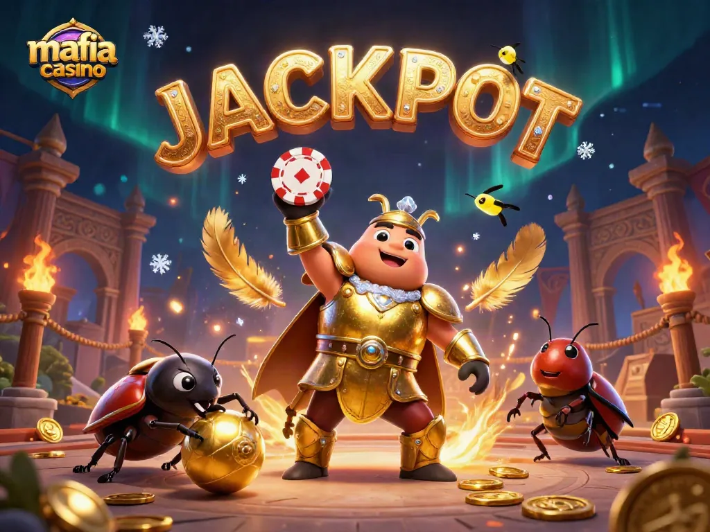 Mafia casino illustration with hercules beetle lifting a poker chip, highlighting exciting gambling action.