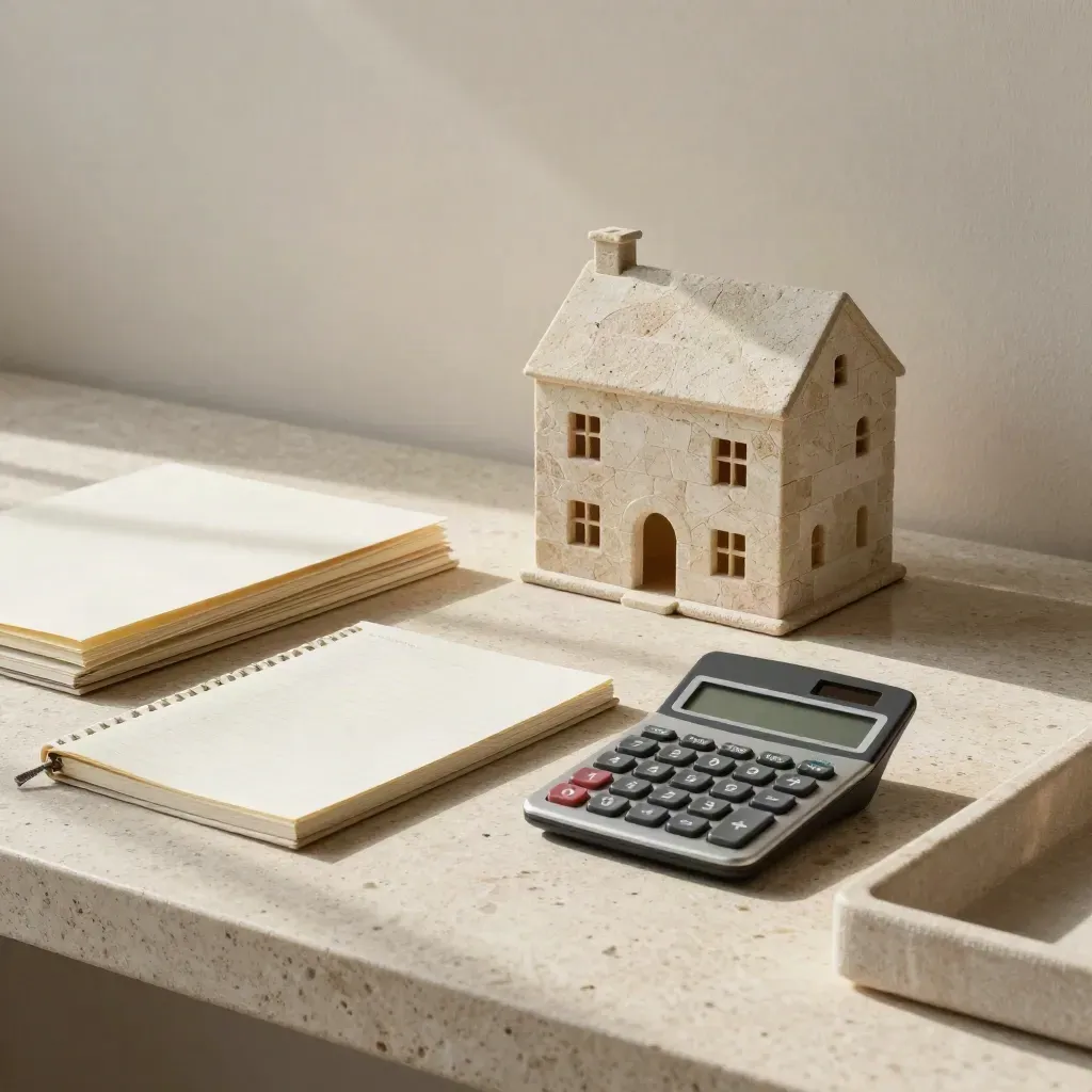 Tavolozza di planning con casa in miniatura, calcolatrice e quaderni chiusi nella luce del mattino.