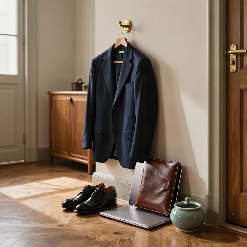 Corridoio d’ingresso con blazer blu, scarpe lucide, portfolio in pelle e laptop chiuso pronto per domani.
