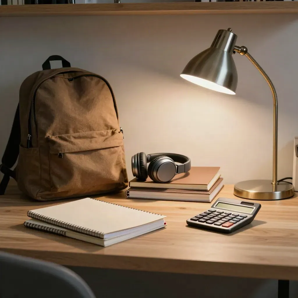 Angolo studio con zaino, quaderni, cuffie, calcolatrice e lampada su scrivania luminosa.