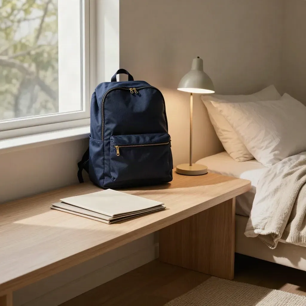 Angolo studio con zaino blu, lampada, cartelline e letto rifatto in luce pomeridiana.