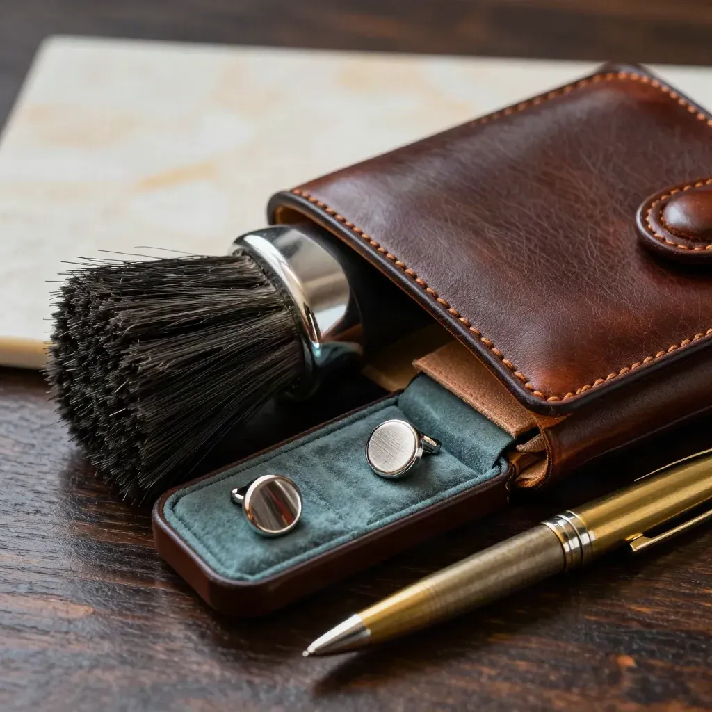 Oggetti da consulenza carriera: brush, portadocumenti in pelle, gemelli e penna su legno scuro.