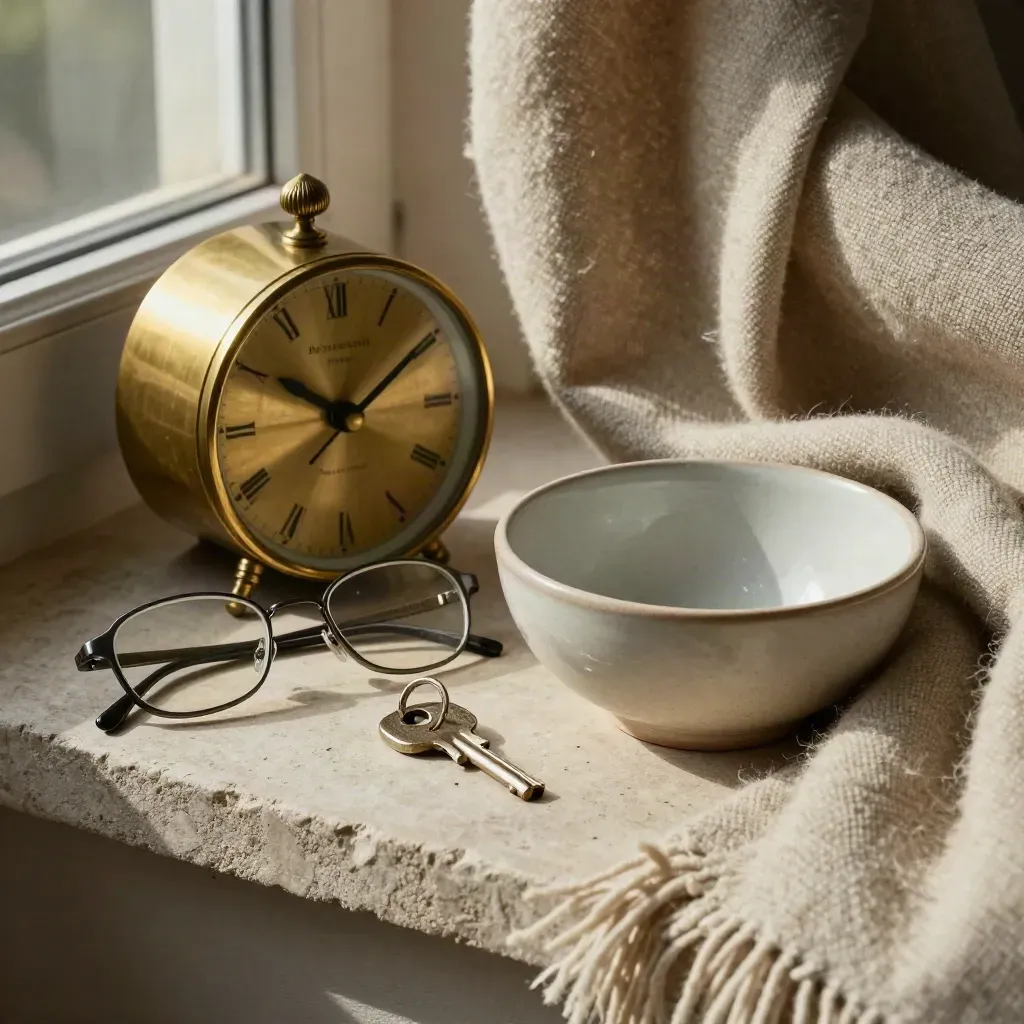 Still life ravvicinato con orologio in ottone, occhiali, chiave, lana e salvadanaio in ceramica.