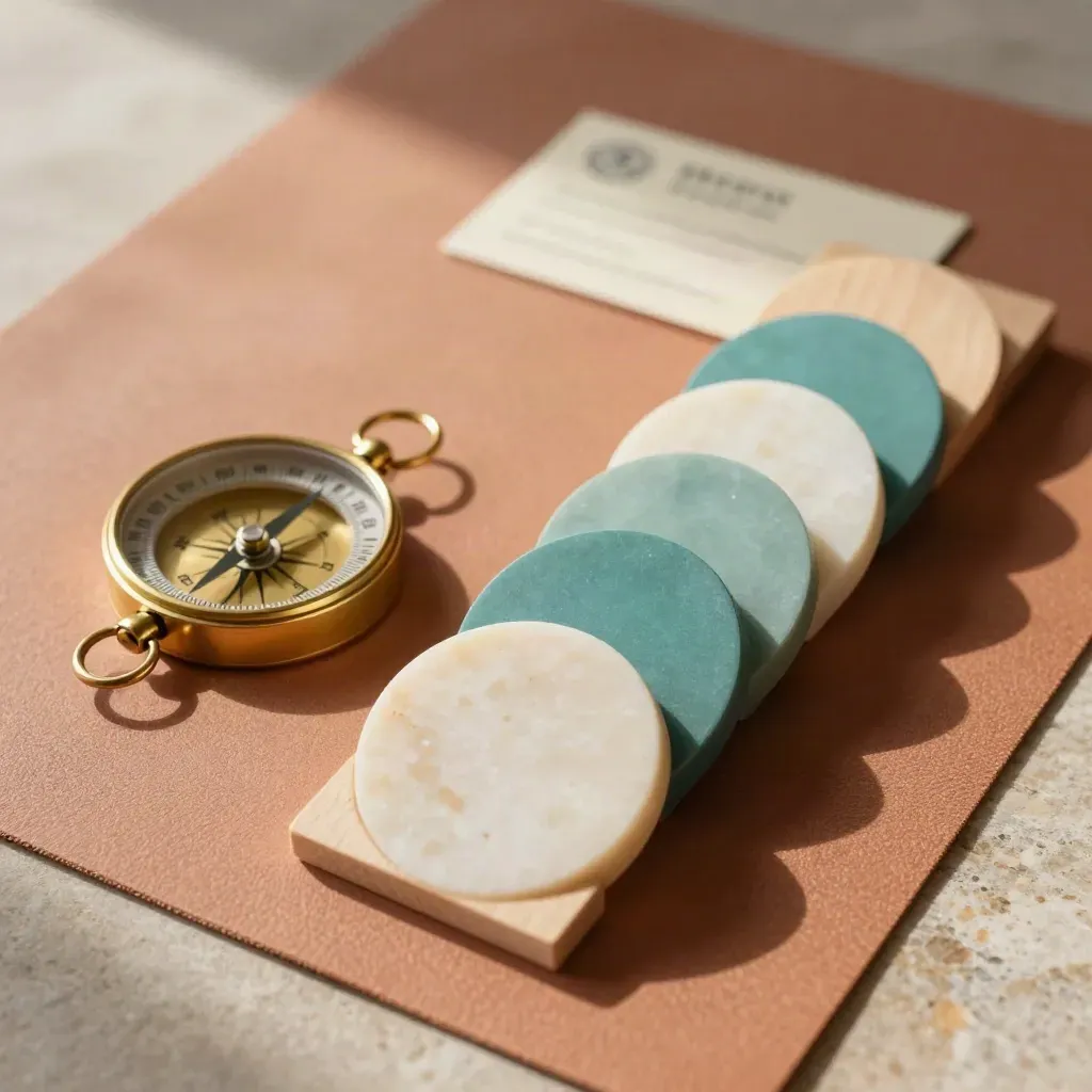 Composizione dall’alto con bussola, blocchi di legno e dischi teal su fondo terracotta.