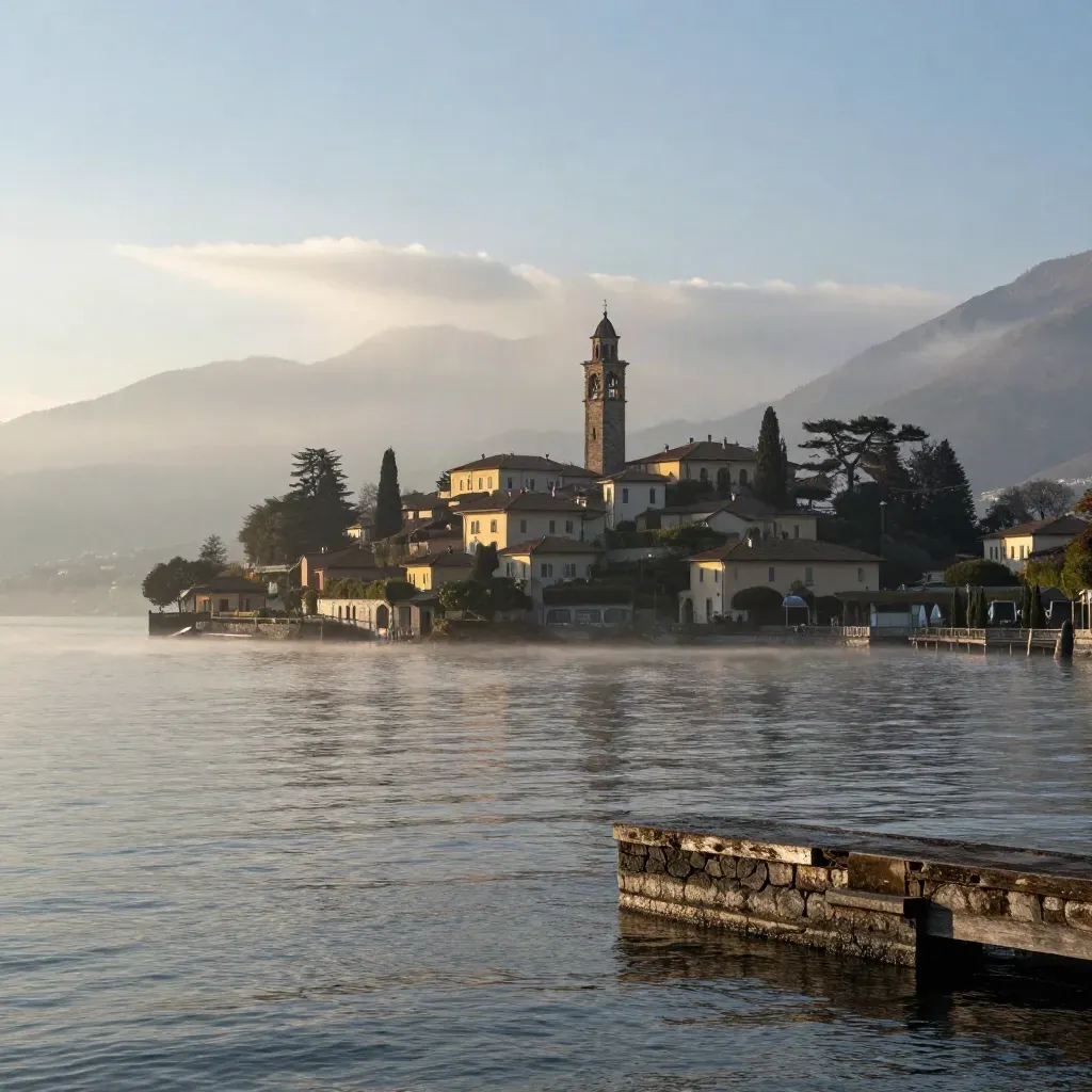 Lago di Como all’alba con torre campanaria in alto, ville nel velo di nebbia e acqua calma.