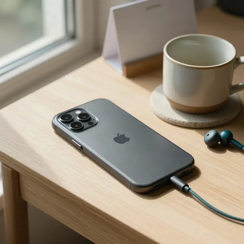 Smartphone a faccia in giù, cuffie e tazza in ceramica su tavolino chiaro