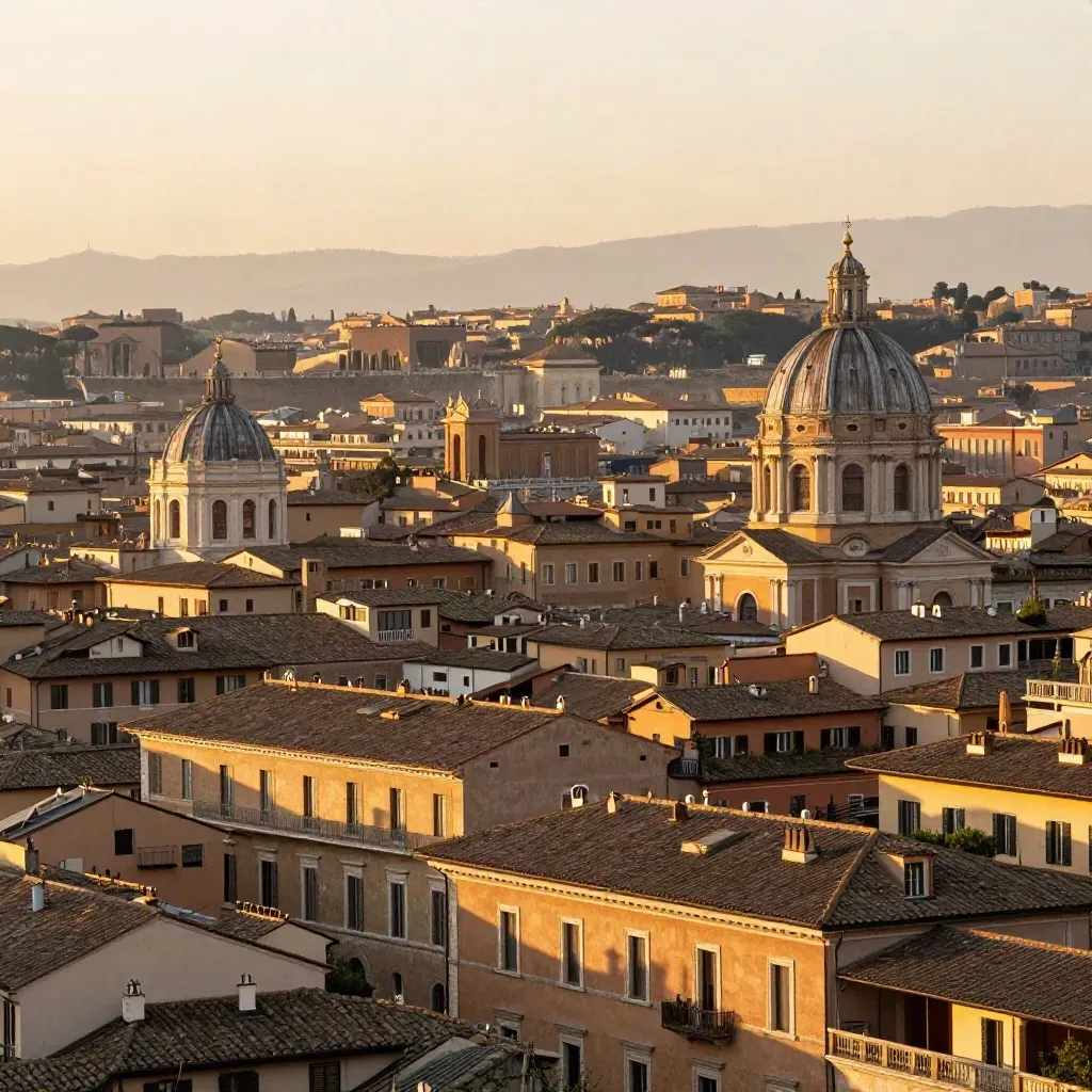 Roma dal Gianicolo all’alba, cupole e tetti in luce dorata con spazio calmo sotto per il titolo