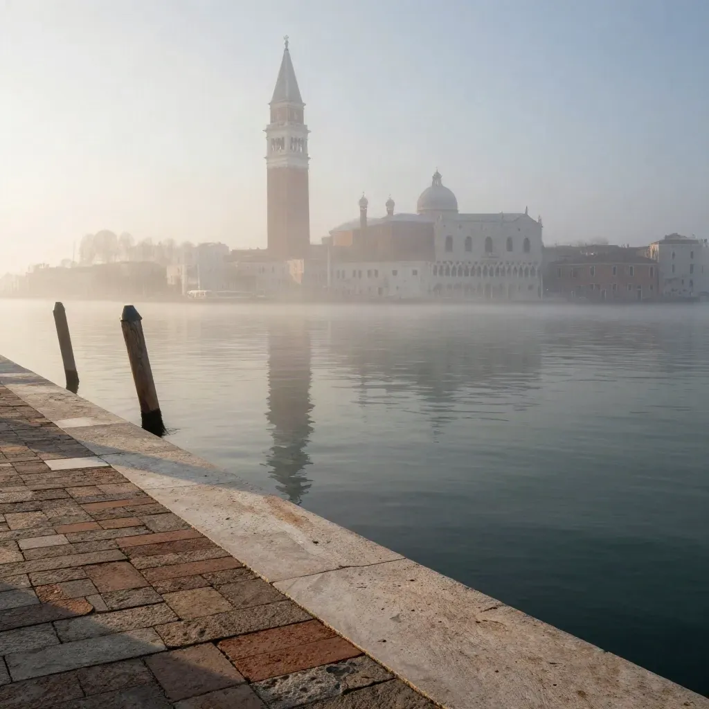Venezia all’alba con campanile nella nebbia e canale calmo, pietra chiara e toni neutri.