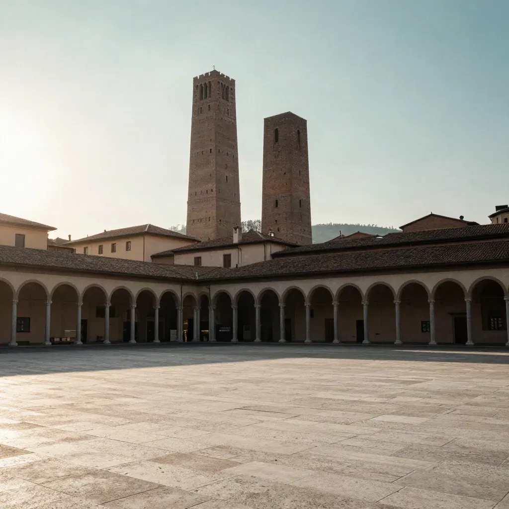 Le Due Torri di Bologna sopra una piazza chiara e calma, con portici in ombra.